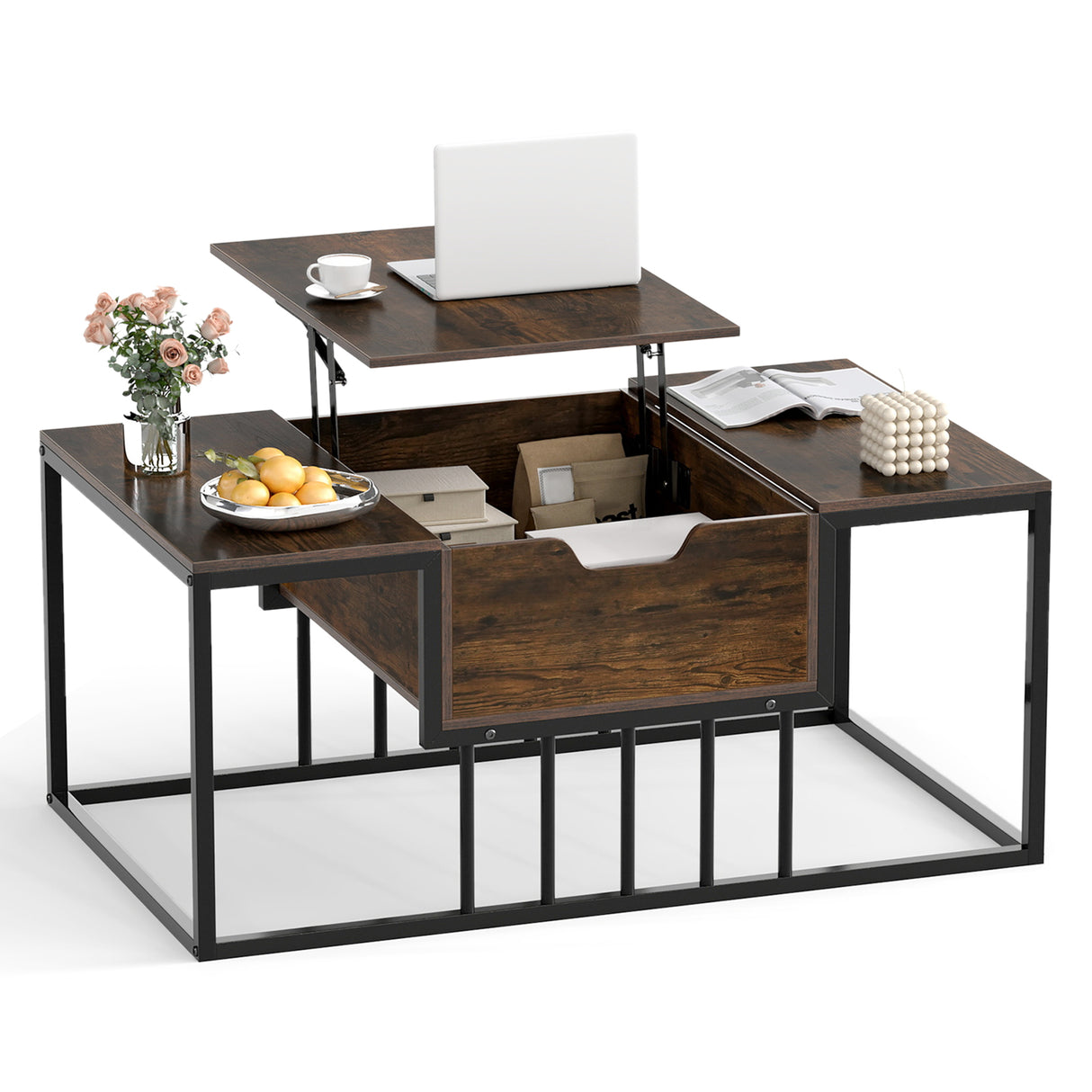 Lift Top Coffee Table Modern Center Table with Hidden Storage Compartment-Rusitc Brown