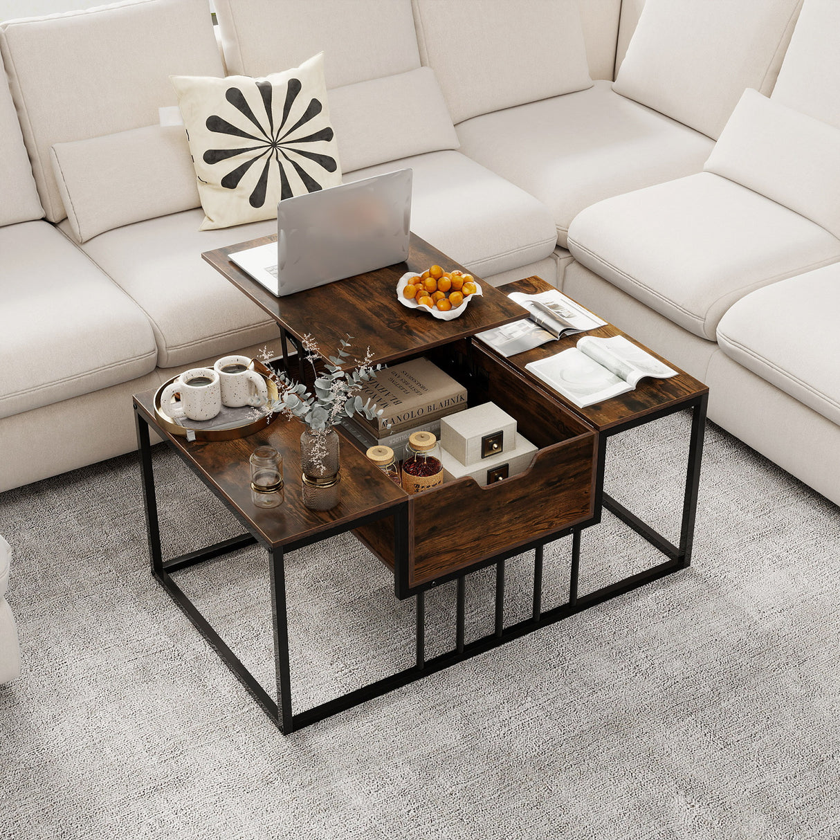 Lift Top Coffee Table Modern Center Table with Hidden Storage Compartment-Rusitc Brown