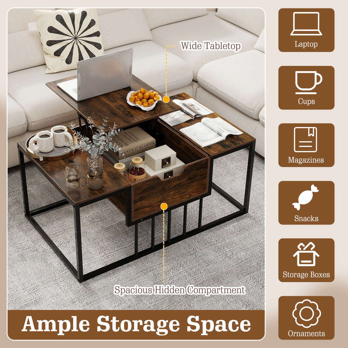 Lift Top Coffee Table Modern Center Table with Hidden Storage Compartment-Rusitc Brown