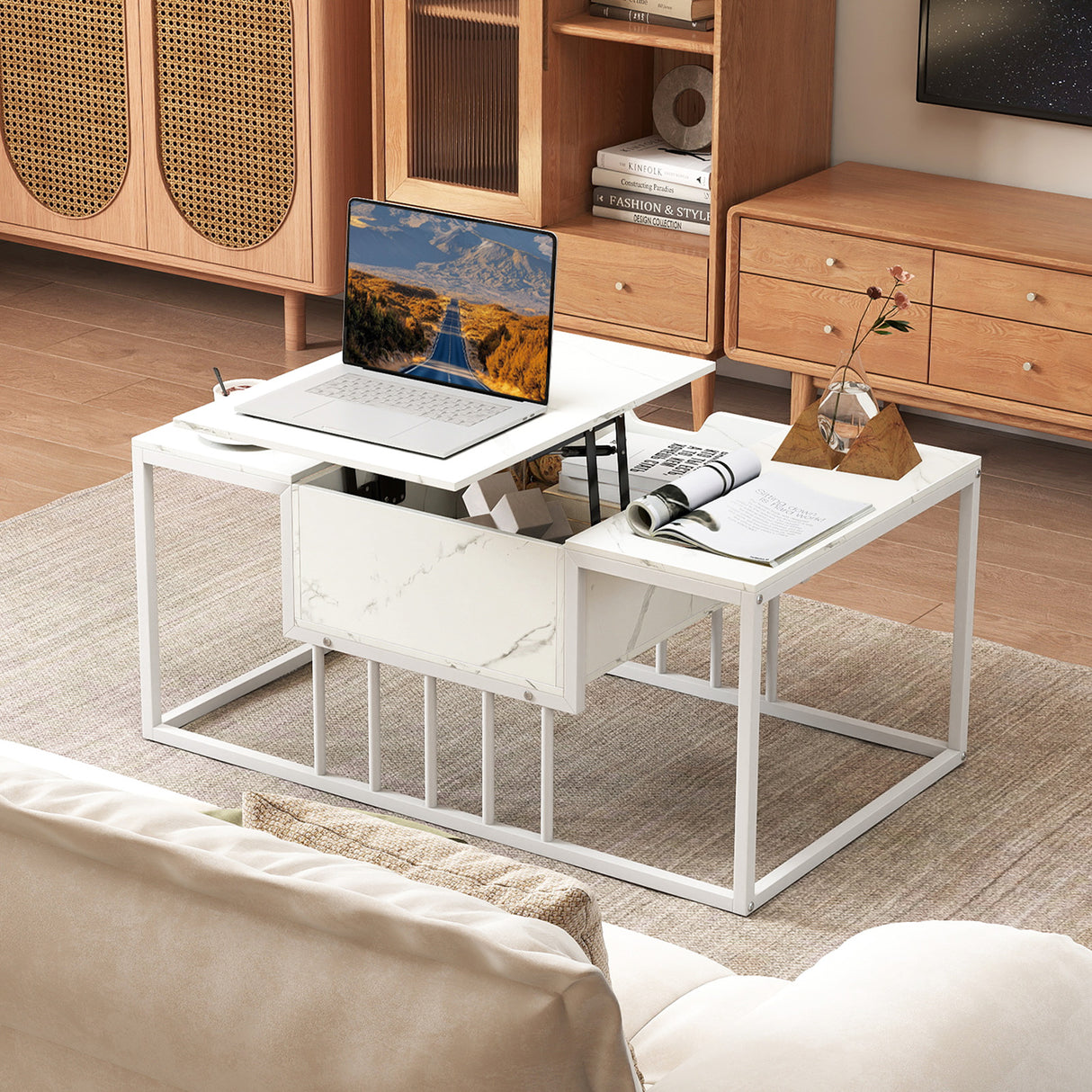 Lift Top Coffee Table Modern Center Table with Hidden Storage Compartment-White