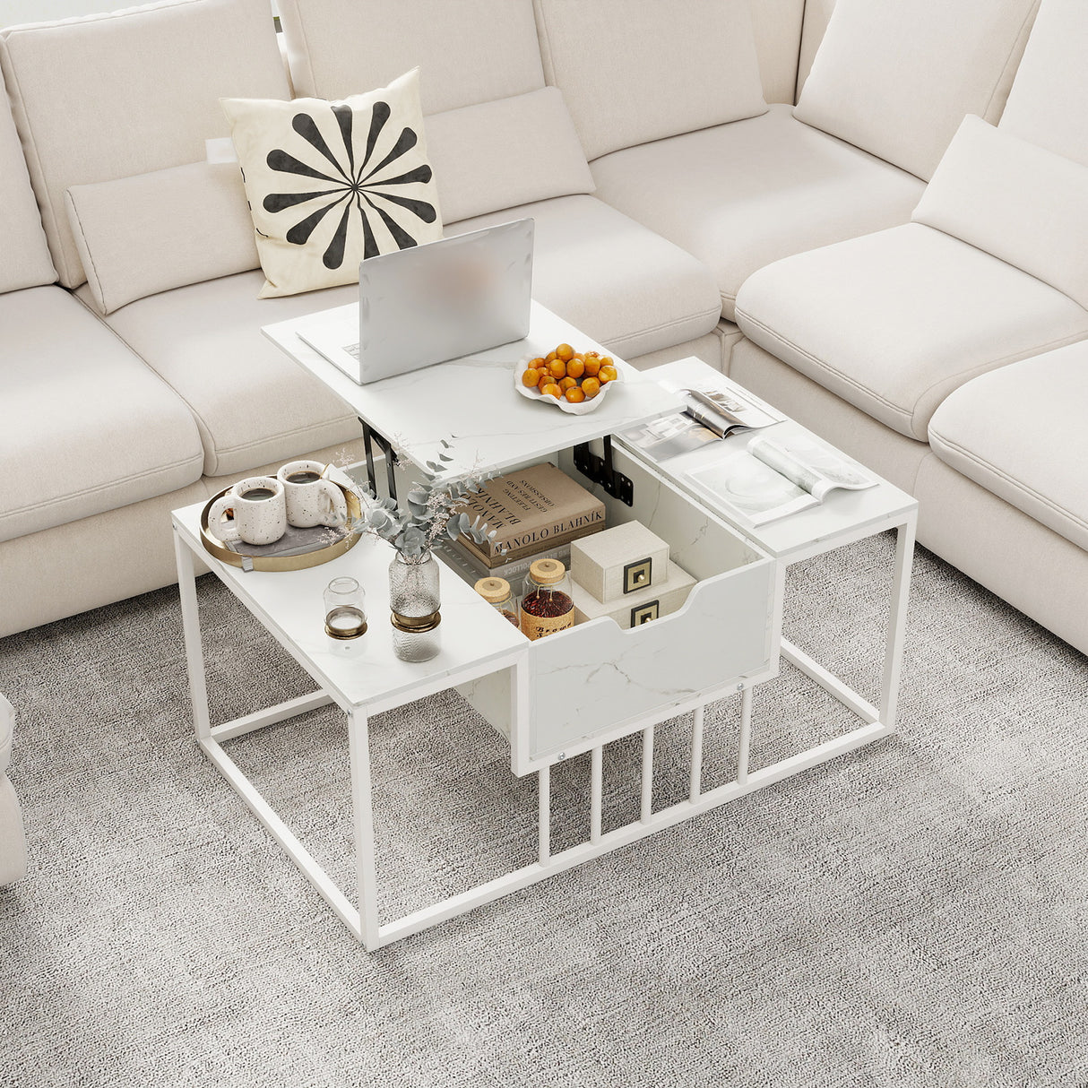 Lift Top Coffee Table Modern Center Table with Hidden Storage Compartment-White