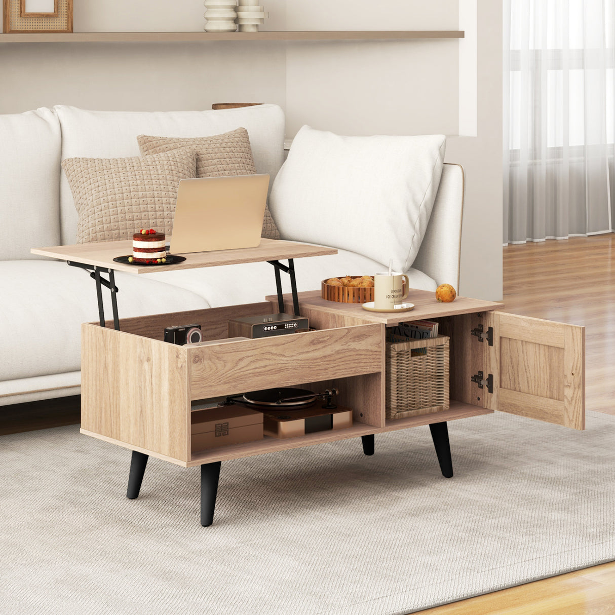 Lift Top Coffee Table with Storage and Hidden Compartment-Natural