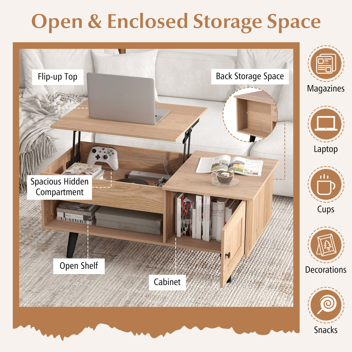 Lift Top Coffee Table with Storage and Hidden Compartment-Natural