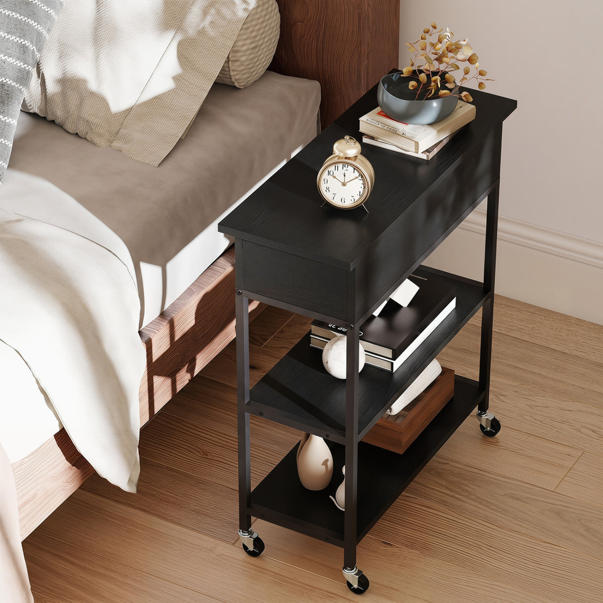 Lift Top End Table with Charging Station and Universal Wheels-Black