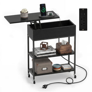 Lift Top End Table with Charging Station and Universal Wheels-Black