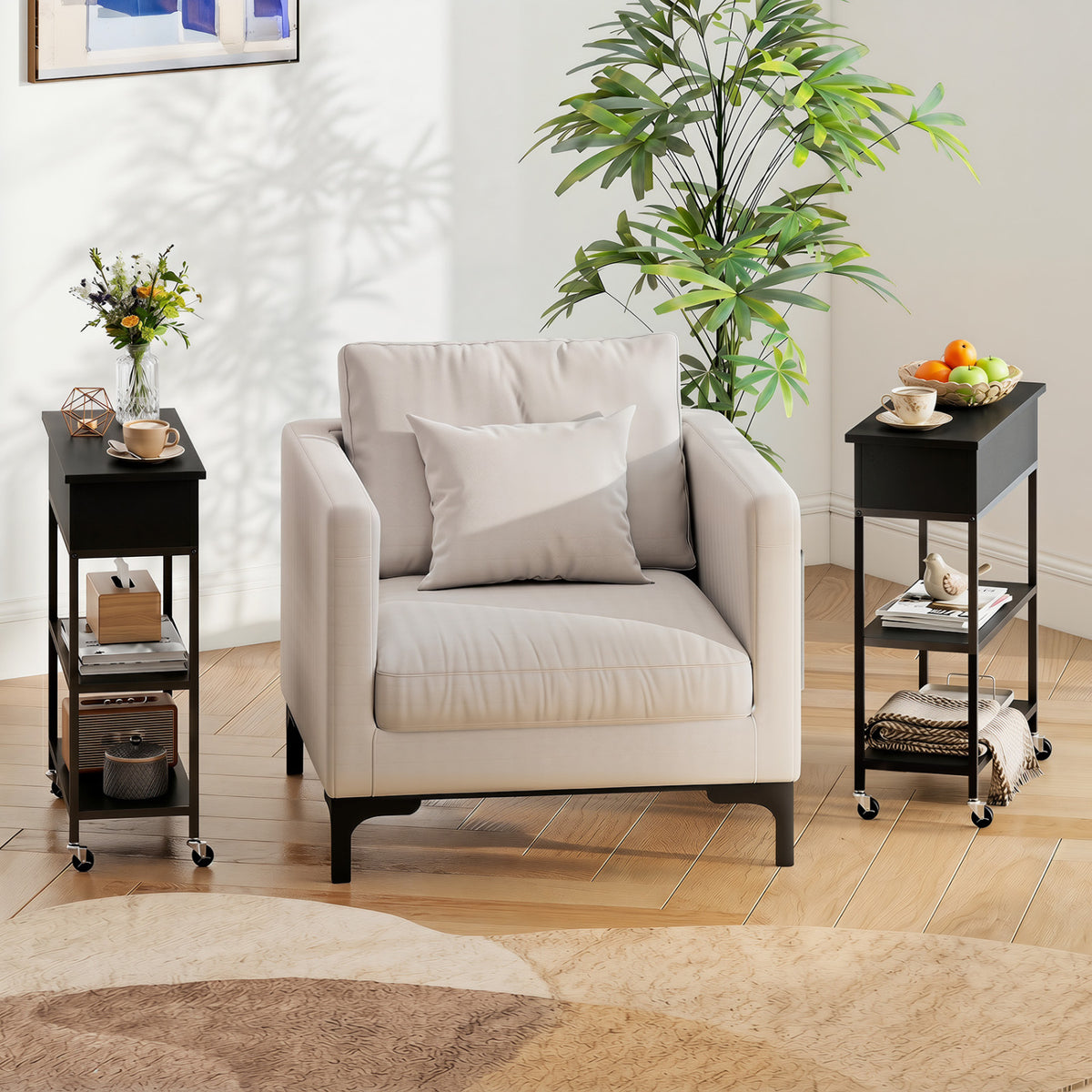 Lift Top End Table with Charging Station and Universal Wheels-Black