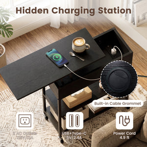 Lift Top End Table with Charging Station and Universal Wheels-Black