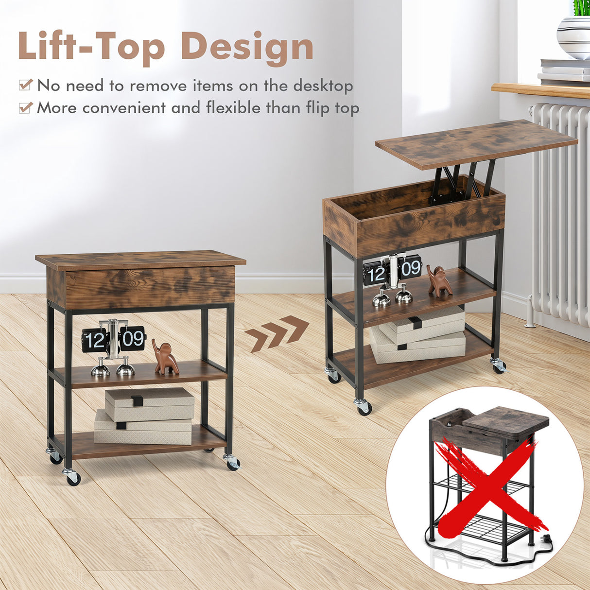 Lift Top End Table with Charging Station and Universal Wheels-Rustic Brown