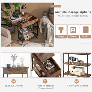 Lift Top End Table with Charging Station and Universal Wheels-Rustic Brown