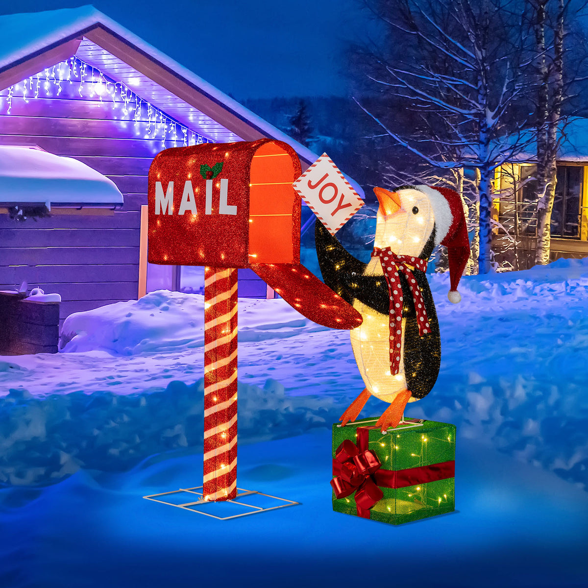 Lighted Christmas Decoration Mailbox and Penguin 3D Pre-Lit Xmas Holiday Decoration