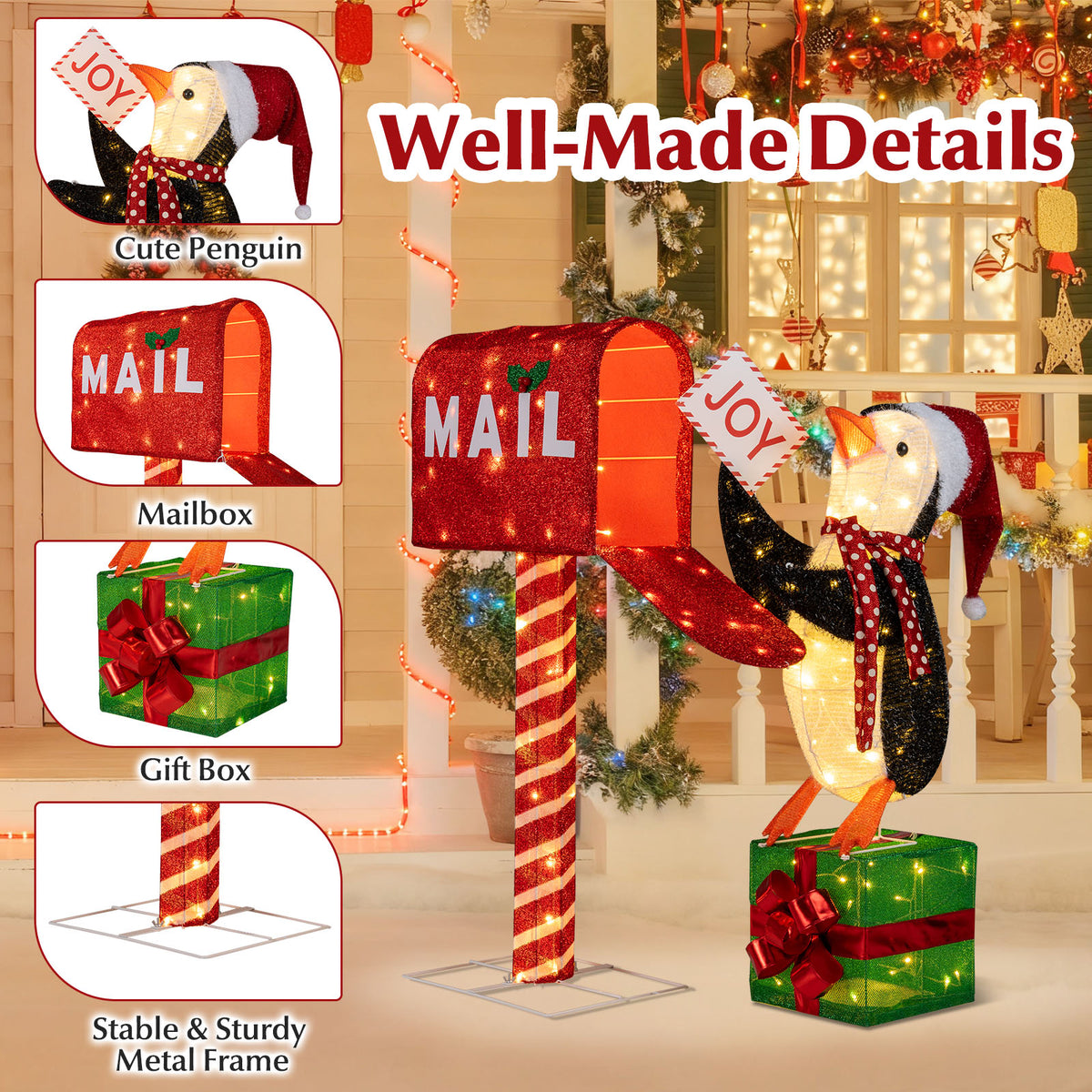 Lighted Christmas Decoration Mailbox and Penguin 3D Pre-Lit Xmas Holiday Decoration