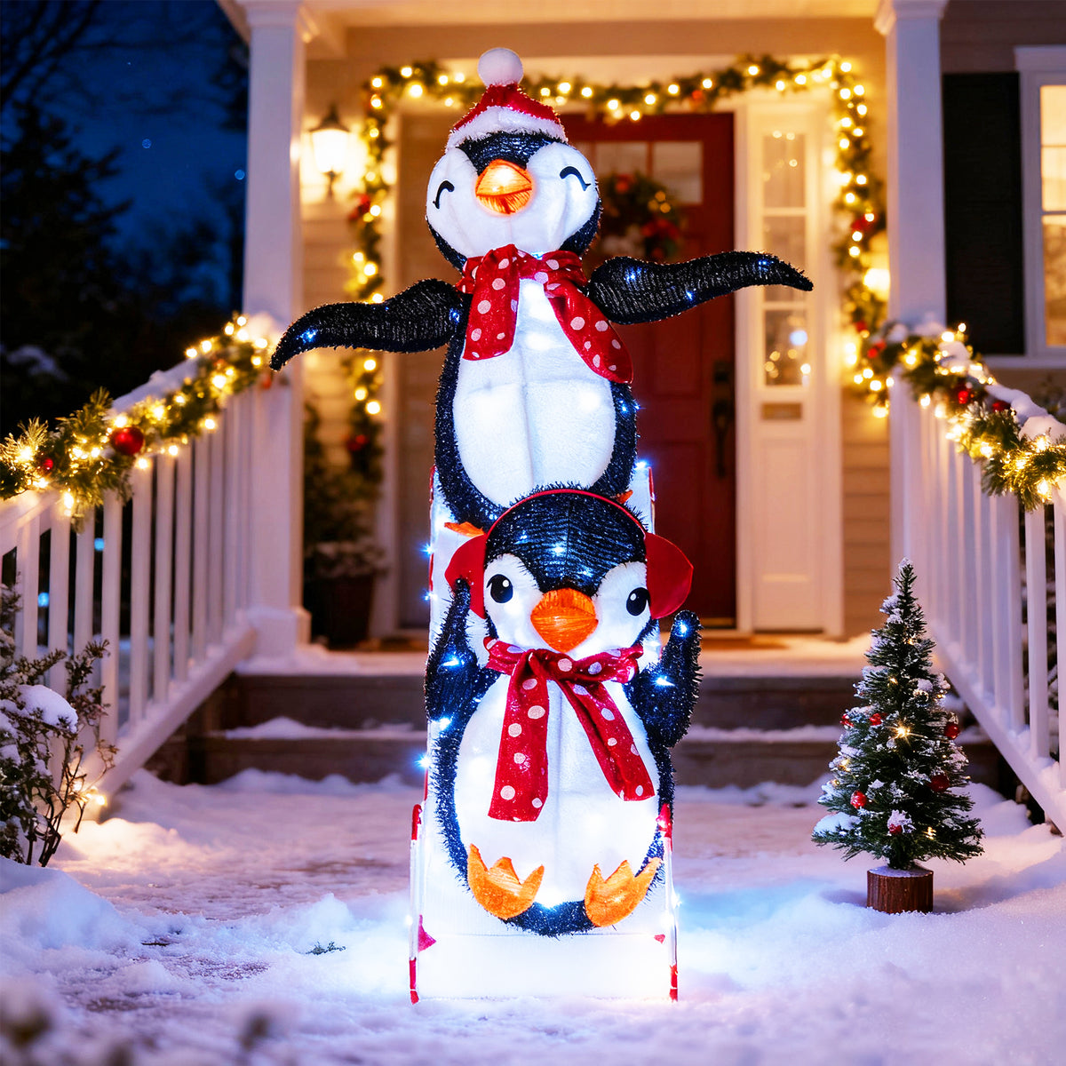 Lighted Christmas Decoration Penguins 3D Pre-Lit Penguins Slide with 170 LED Lights