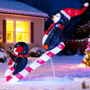Lighted Christmas Decoration Penguins 3D Pre-Lit Penguins Slide with 170 LED Lights