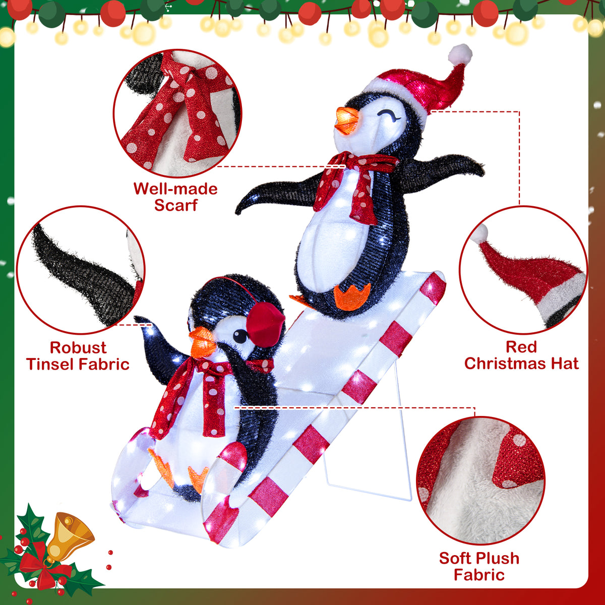 Lighted Christmas Decoration Penguins 3D Pre-Lit Penguins Slide with 170 LED Lights