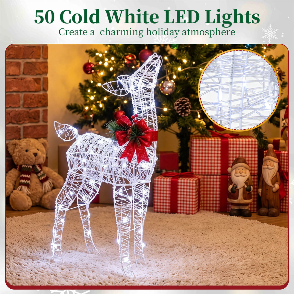 Lighted Christmas Deer Decorations with Cold White LED Lights-White