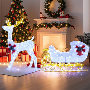 6 Feet Christmas Lighted Reindeer and Santa's Sleigh Decoration with 4 Stakes-White