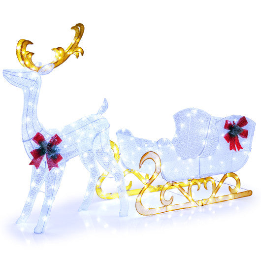 6 Feet Christmas Lighted Reindeer and Santa's Sleigh Decoration with 4 Stakes-White