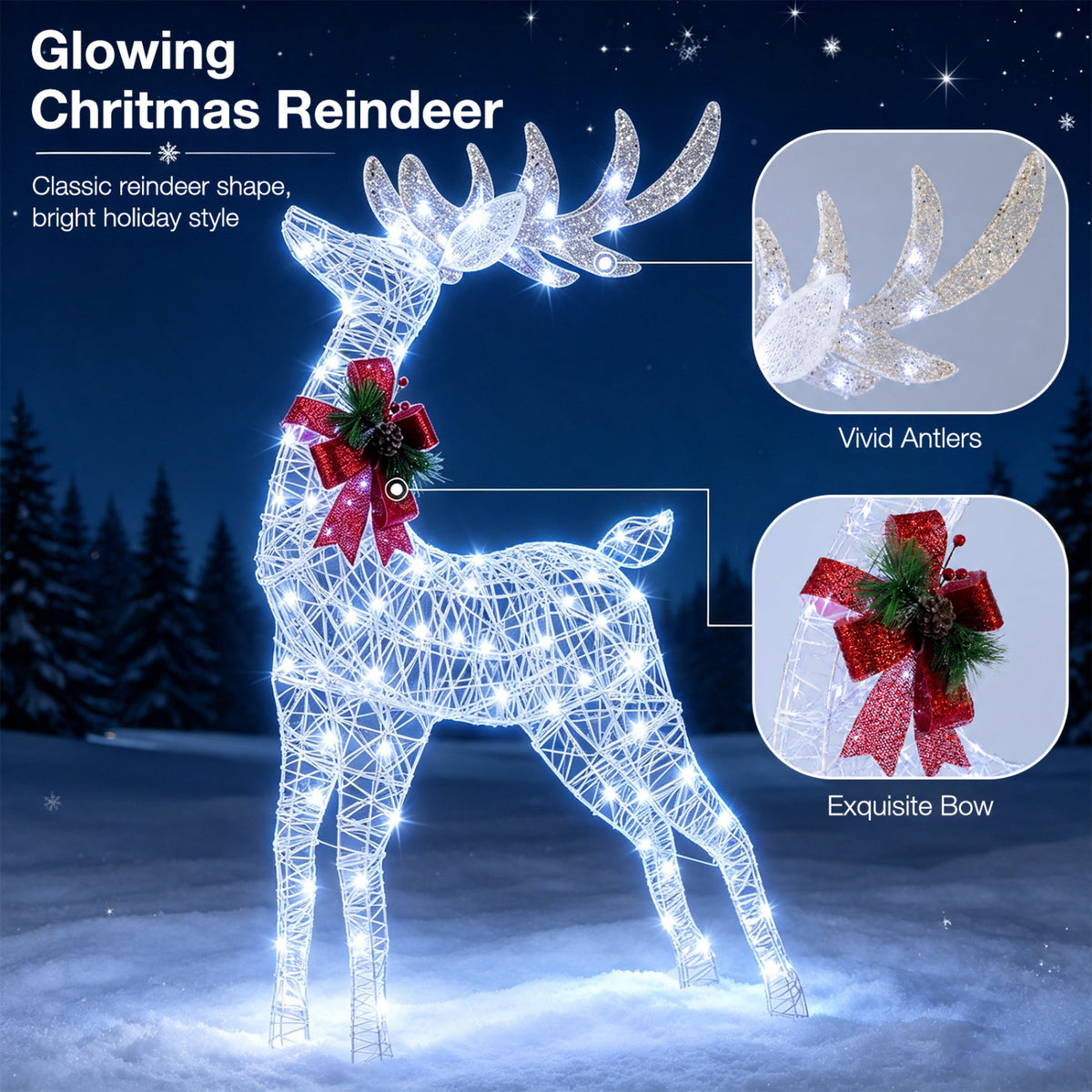 Lighted Christmas Reindeer with Cold LED Lights for Yard-White