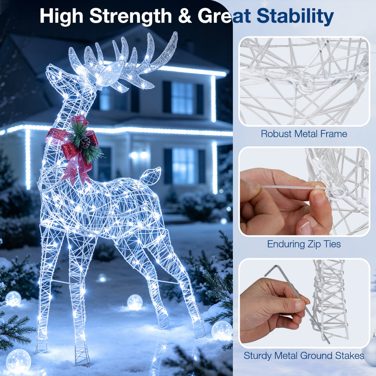 Lighted Christmas Reindeer with Cold LED Lights for Yard-White