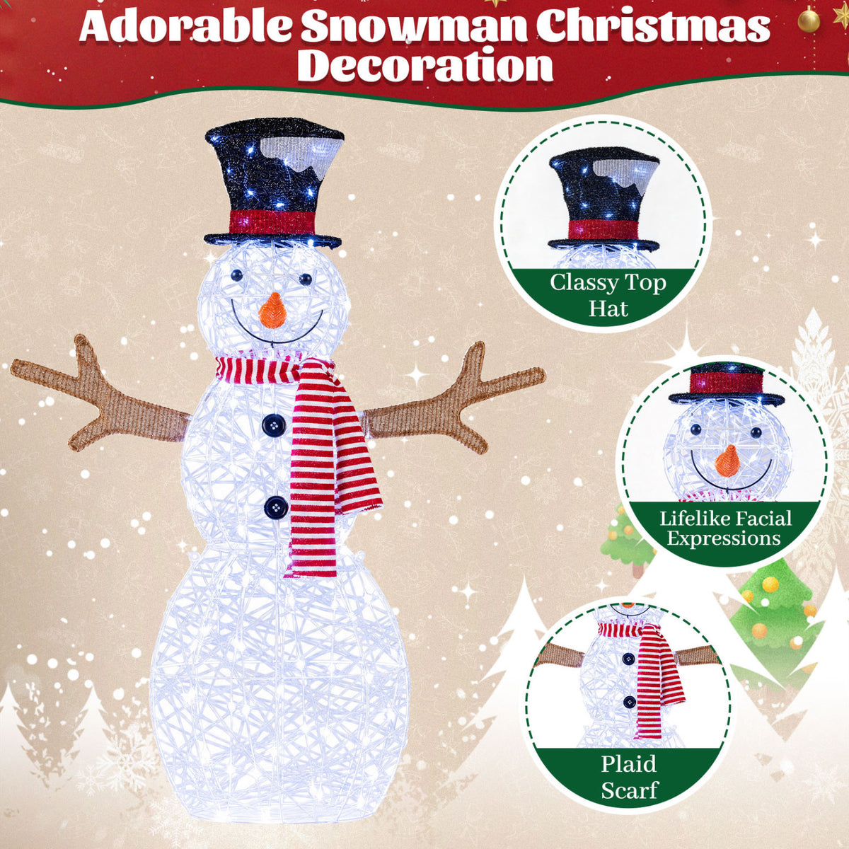 Lighted Snowman Christmas Decoration with Cold White LED Lights-White