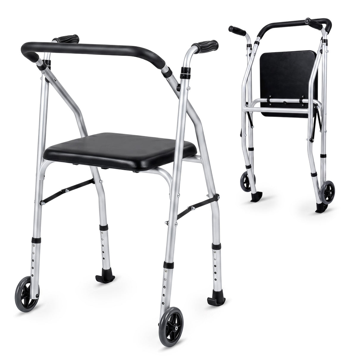 Lightweight Aluminum Mobility Walker for Seniors with 2 Wheels 5-Level Adjustable Height and Padded Seat-Sliver