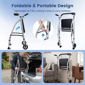 Lightweight Aluminum Mobility Walker for Seniors with 2 Wheels 5-Level Adjustable Height and Padded Seat-Sliver