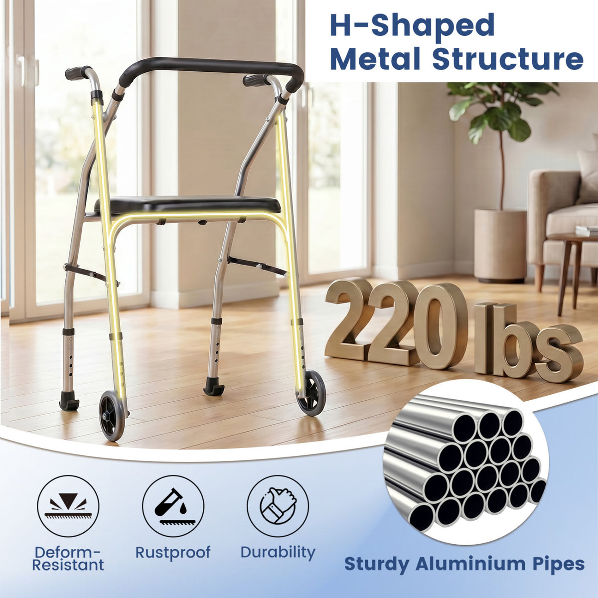 Lightweight Aluminum Mobility Walker for Seniors with 2 Wheels 5-Level Adjustable Height and Padded Seat-Sliver