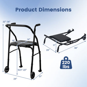 Lightweight Aluminum Mobility Walker for Seniors with 2 Wheels 5-Level Adjustable Height and Padded Seat-Black
