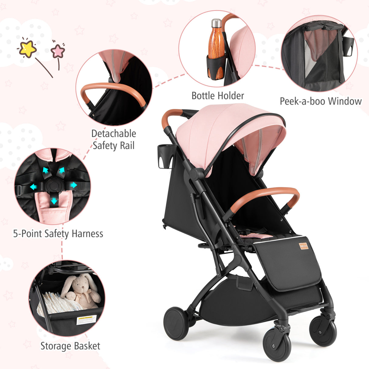 Lightweight Baby Stroller Compact Travel Stroller with One-Hand Folding-Pink