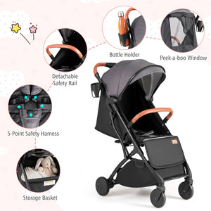 Lightweight Baby Stroller Compact Travel Stroller with One-Hand Folding-Gray