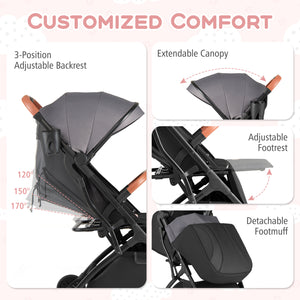 Lightweight Baby Stroller Compact Travel Stroller with One-Hand Folding-Gray
