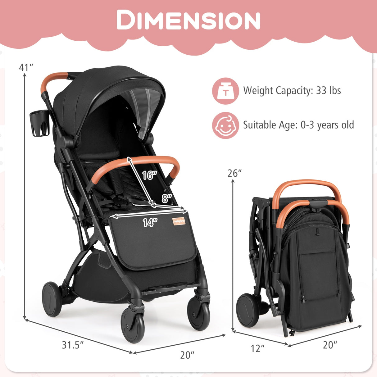 Lightweight Baby Stroller Compact Travel Stroller with One-Hand Folding-Black
