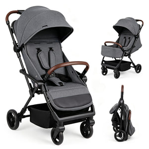 Lightweight Baby Stroller with One-Hand Folding and Adjustable Canopy for Toddlers-Gray