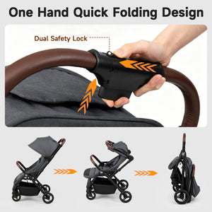 Lightweight Baby Stroller with One-Hand Folding and Adjustable Canopy for Toddlers-Gray
