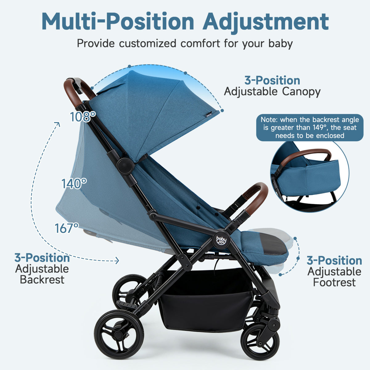 Lightweight Baby Stroller with One-Hand Folding and Adjustable Canopy for Toddlers-Blue