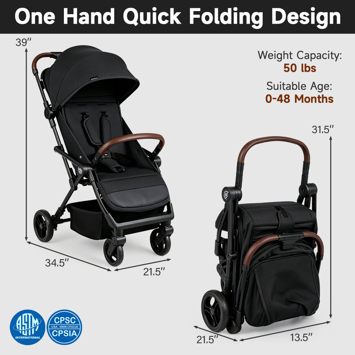 Lightweight Baby Stroller with One-Hand Folding and Adjustable Canopy for Toddlers-Black