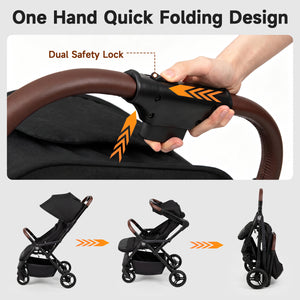 Lightweight Baby Stroller with One-Hand Folding and Adjustable Canopy for Toddlers-Black