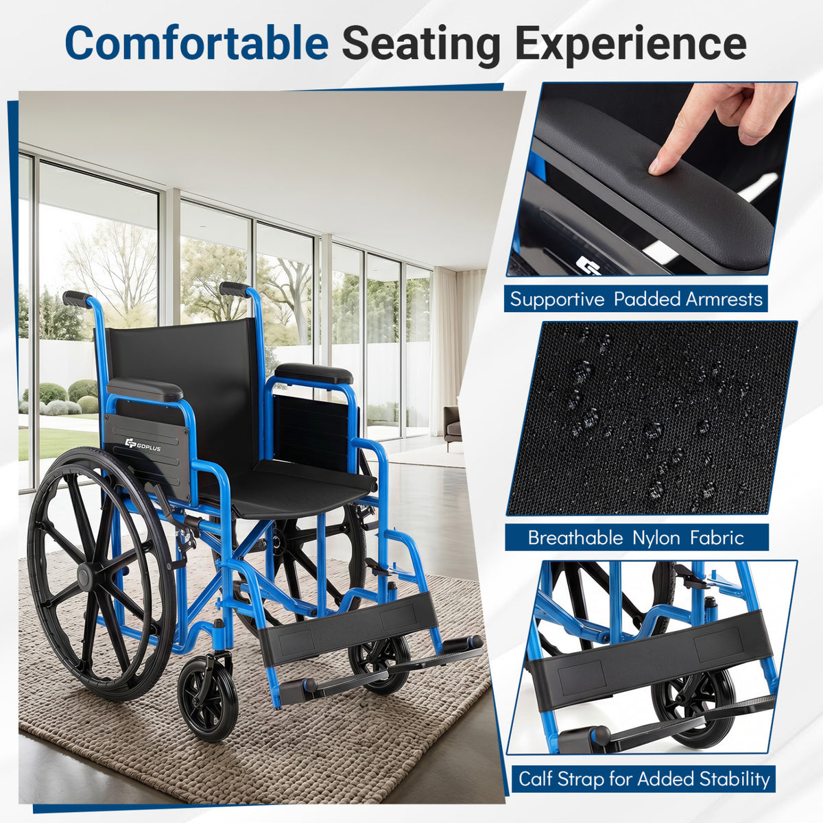 Lightweight Folding Wheelchair for Adults with Swing-Away Footrest and Desk Arm-Navy