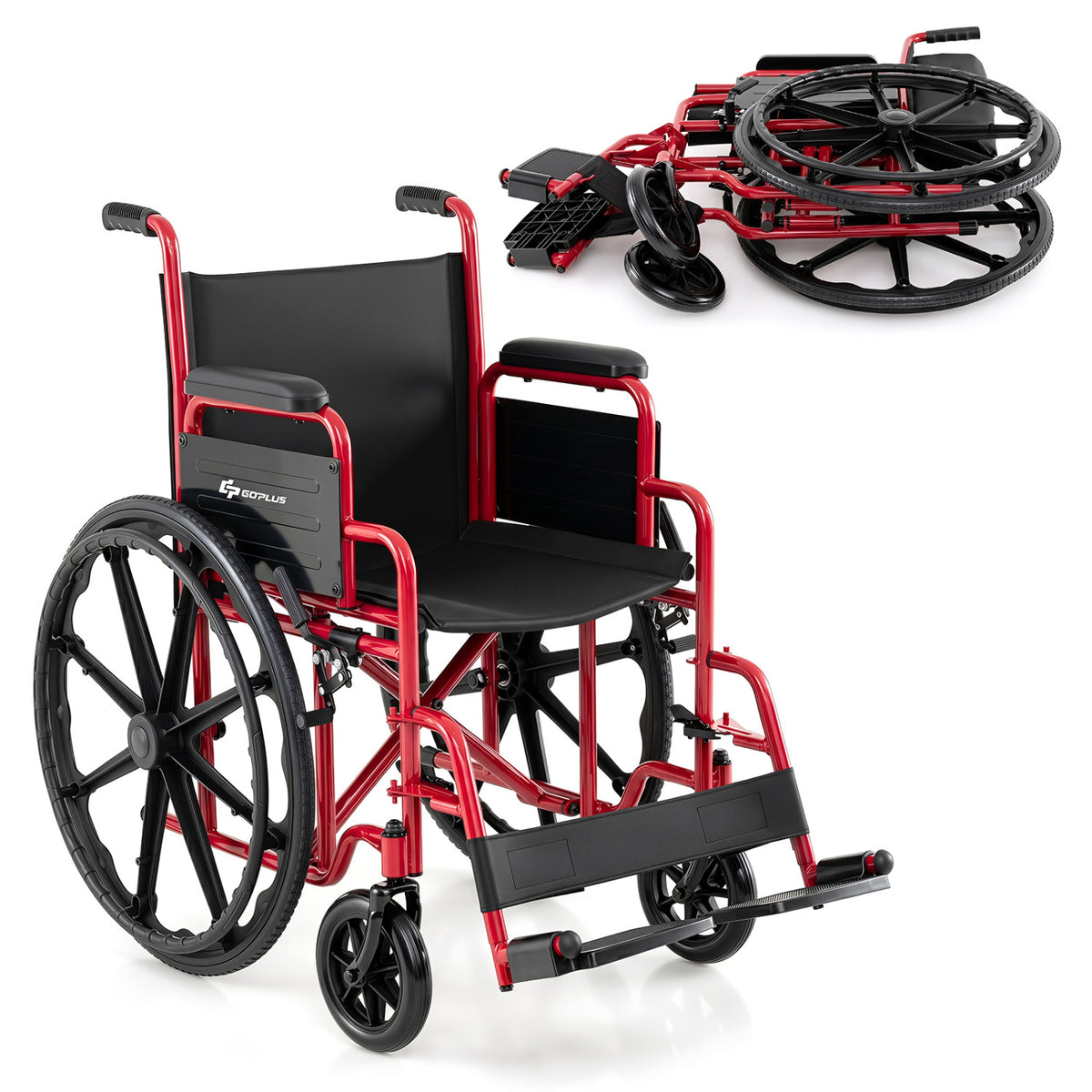 Lightweight Folding Wheelchair for Adults with Swing-Away Footrest and Desk Arm-Red