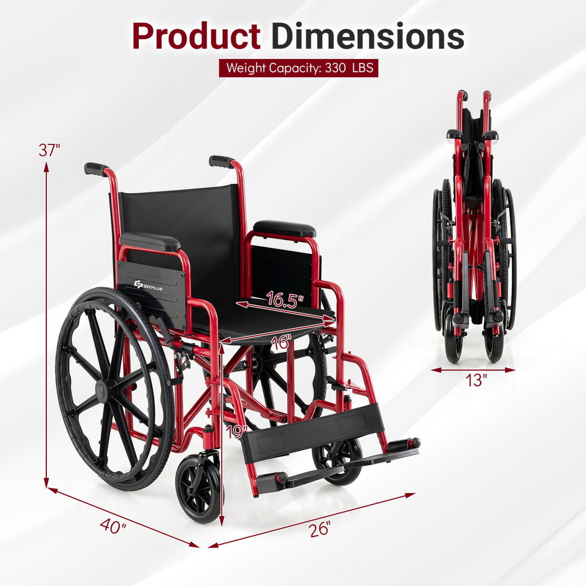 Lightweight Folding Wheelchair for Adults with Swing-Away Footrest and Desk Arm-Red