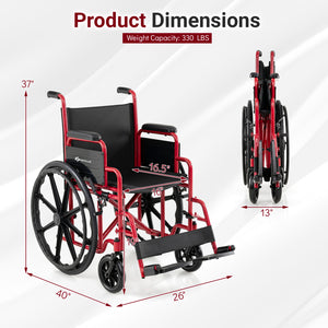 Lightweight Folding Wheelchair for Adults with Swing-Away Footrest and Desk Arm-Red