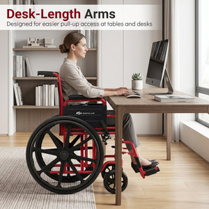 Lightweight Folding Wheelchair for Adults with Swing-Away Footrest and Desk Arm-Red
