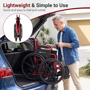 Lightweight Folding Wheelchair for Adults with Swing-Away Footrest and Desk Arm-Red