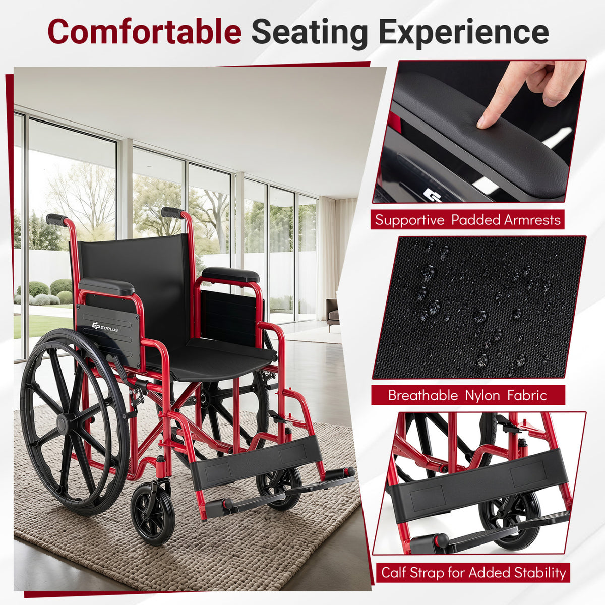 Lightweight Folding Wheelchair for Adults with Swing-Away Footrest and Desk Arm-Red