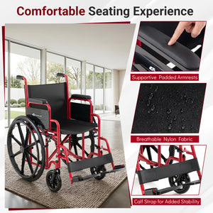 Lightweight Folding Wheelchair for Adults with Swing-Away Footrest and Desk Arm-Red