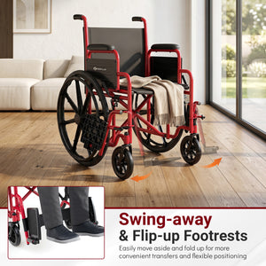 Lightweight Folding Wheelchair for Adults with Swing-Away Footrest and Desk Arm-Red
