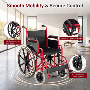 Lightweight Folding Wheelchair for Adults with Swing-Away Footrest and Desk Arm-Red