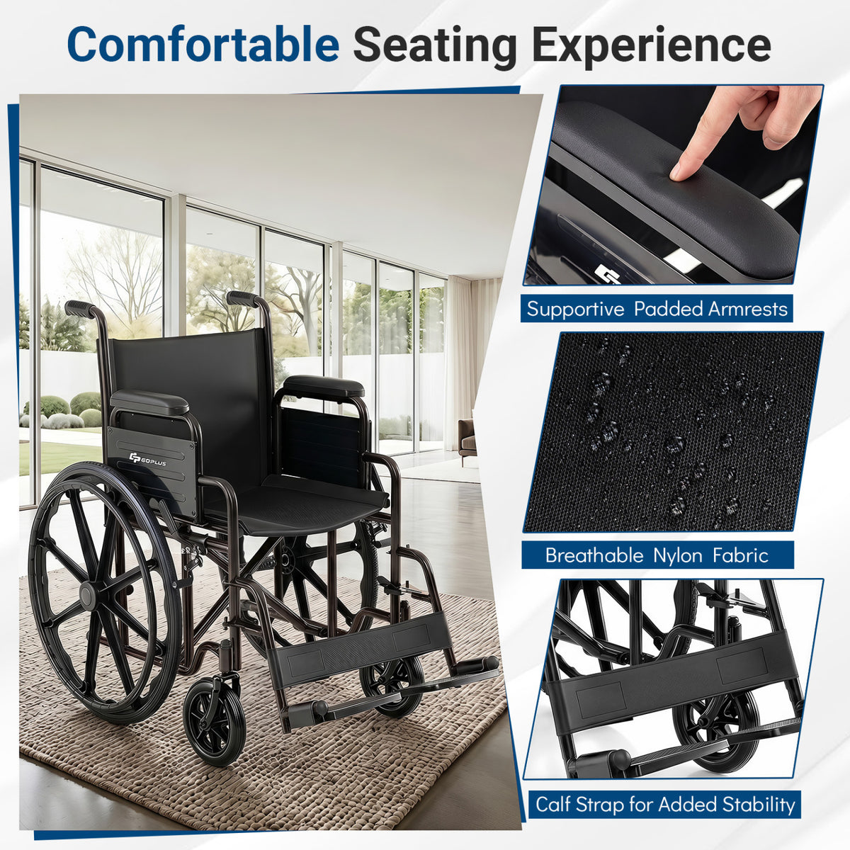 Lightweight Folding Wheelchair for Adults with Swing-Away Footrest and Desk Arm-Black