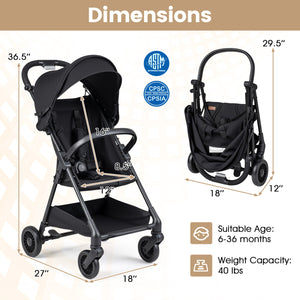 Lightweight Travel Stroller with Canopy and Under-Seat Basket for Baby and Toddler-Black