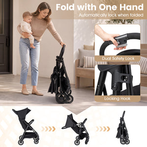 Lightweight Travel Stroller with Canopy and Under-Seat Basket for Baby and Toddler-Black
